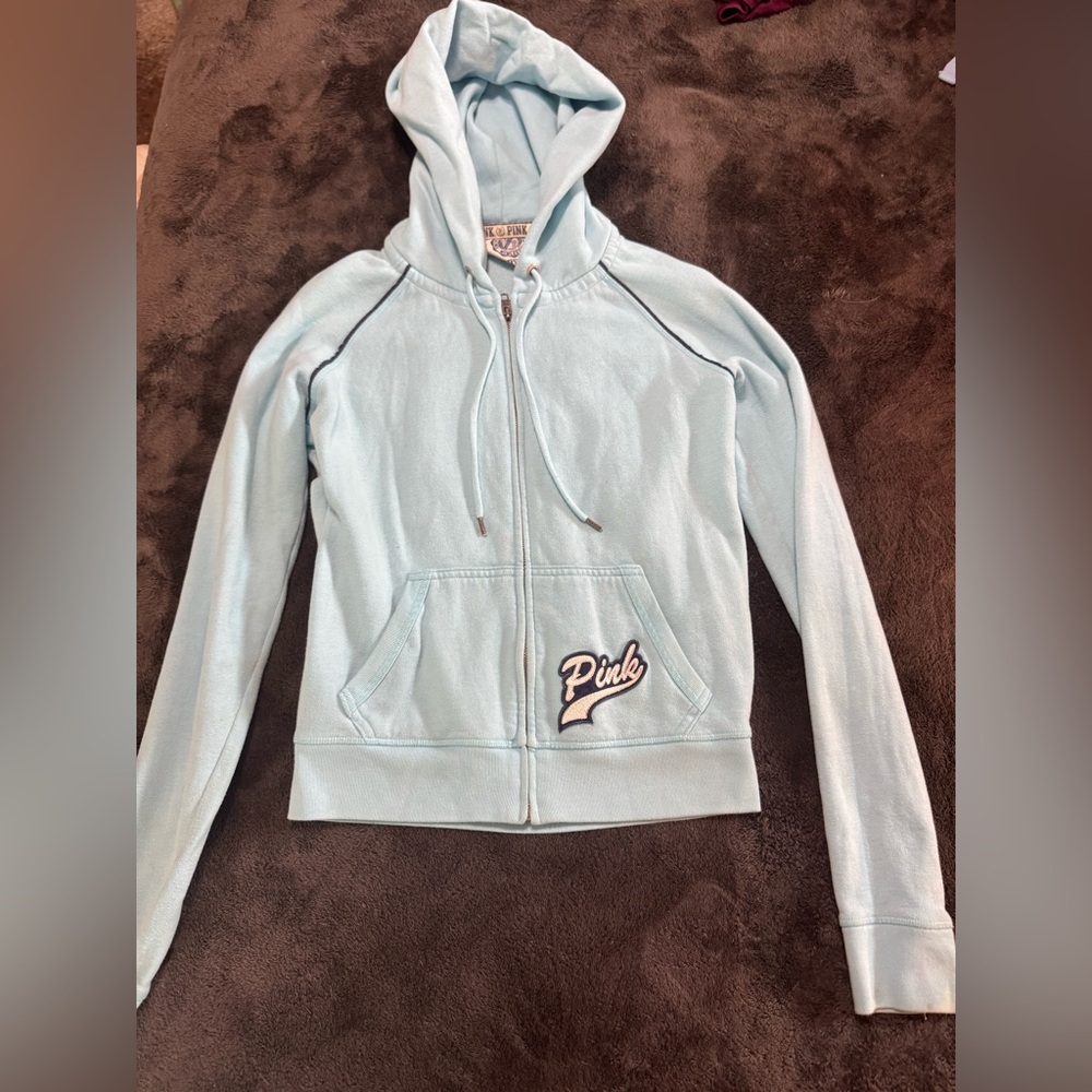 2008 Victoria's Secret PINK light blue Y2K full zip   Hoodie with navy  Accents